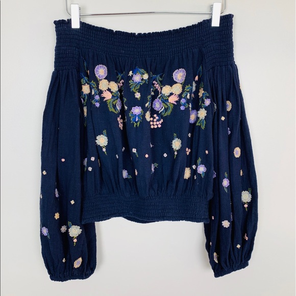 Tops - FREE PEOPLE Saachi Smocked Top S Embroidered Blue